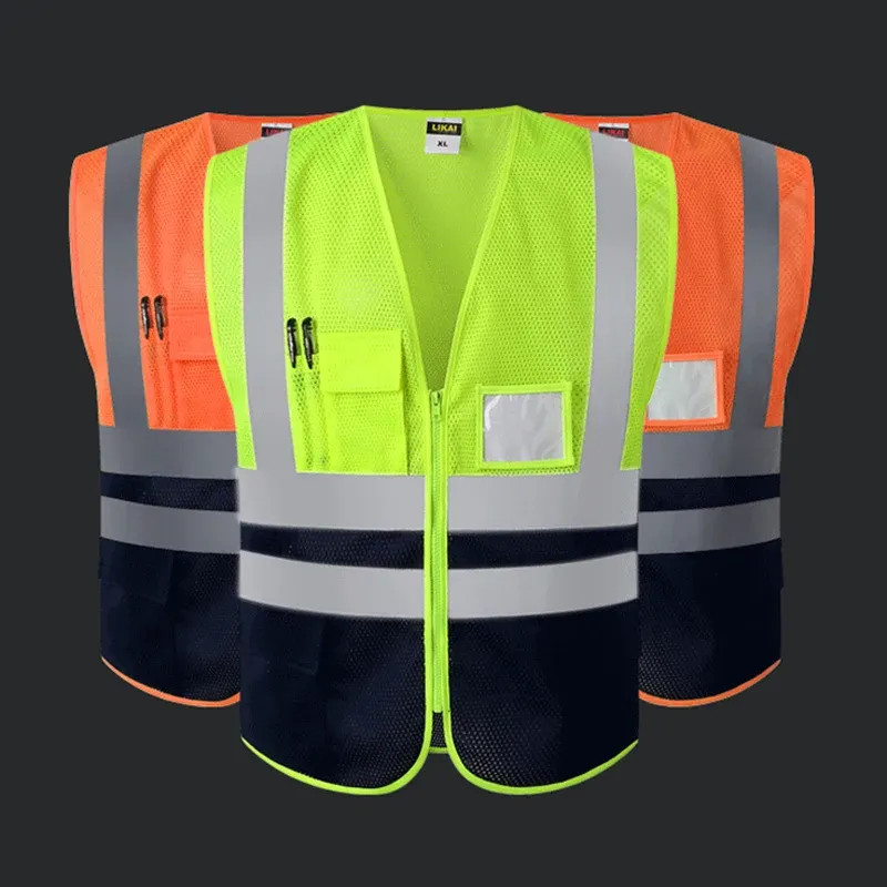 Tanks Gilets haute visibilité Hauts de sécurité réfléchissants pour femmes hommes unisexe ouvrier du bâtiment constructeur deux tons jaune noir Rrange noir