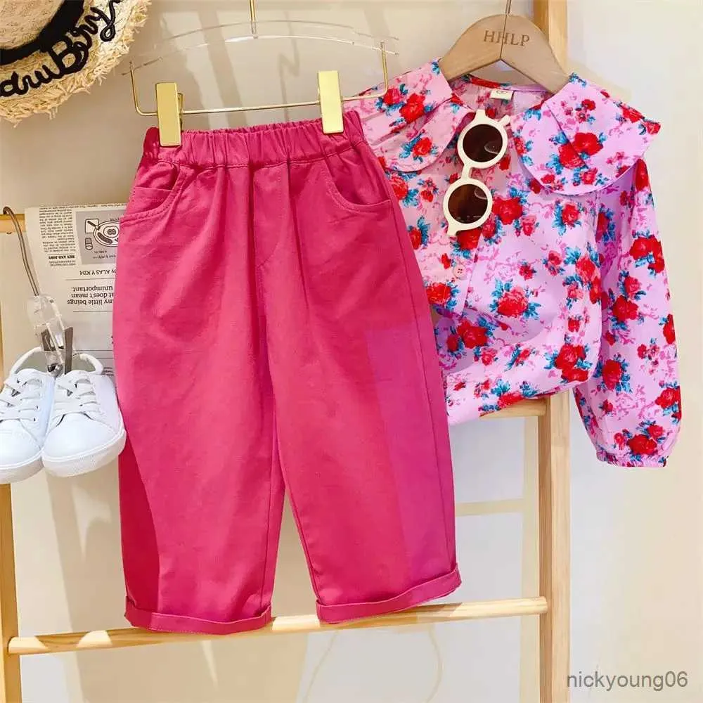 Ensembles de vêtements Filles Printemps Automne Vêtements Costume 2023 Collier de poupée pour enfants Rose Chemises à manches longues + Pantalons décontractés Ensembles de vêtements deux pièces