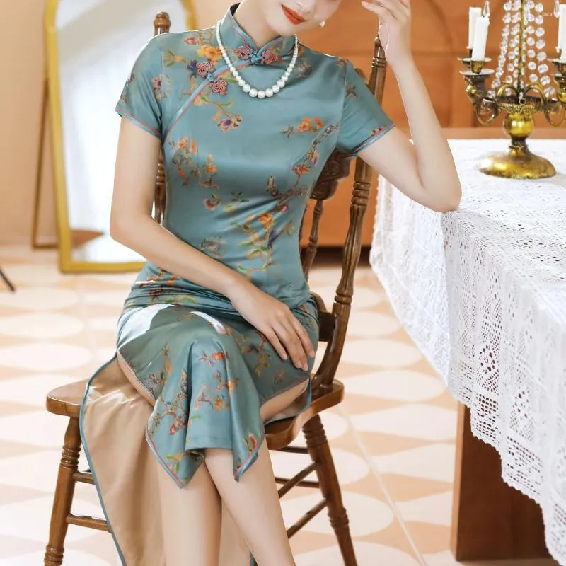 Abbigliamento etnico Donna Abito tradizionale Stampa floreale Qipao Stile cinese Cheongsam Raso Vestido Para Mujer Orlo tagliato Aderente Taglia grande