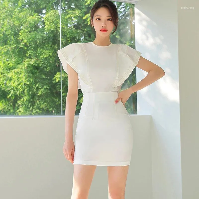 Sukienki robocze Elegancka dama biurowa dwupoziomowa dla kobiet letnia koreańska moda marszczyła szczupła mini bodycon spódnica zestawu temperamentu garnitury