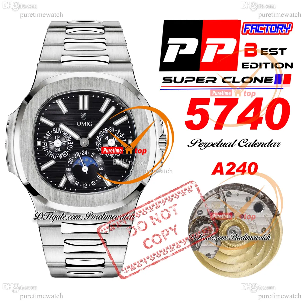 5740 Perpetual Calendar A324SC Automatic Mens Watch PPF Black Texture Dial Stick Markers Rostfritt stål Armband Super Edition Reloj Hombre Puretimewatch PTPP