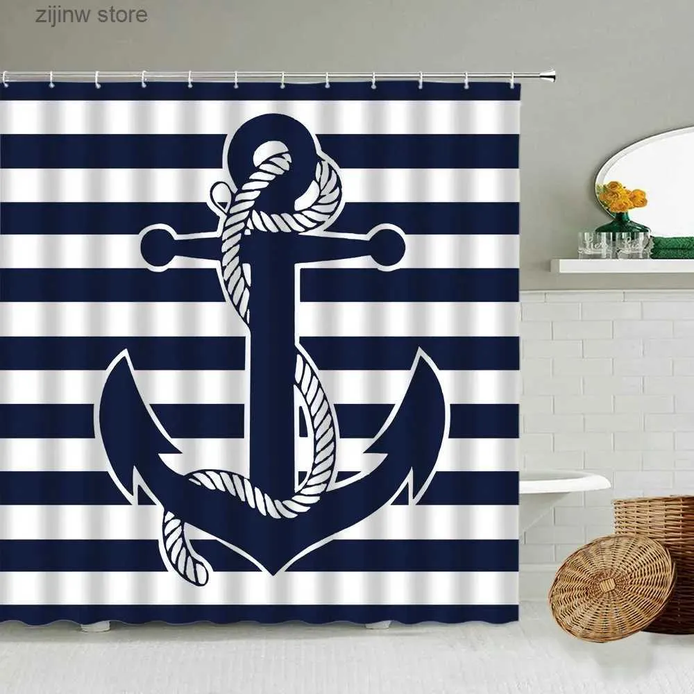 Shower Curtains Nordic Mediterranean Cartoon Nautical Bathroom Shower Curtain Blue Anchor Print Boy Child Bathtub Waterproof Polyester Curtains Y240316