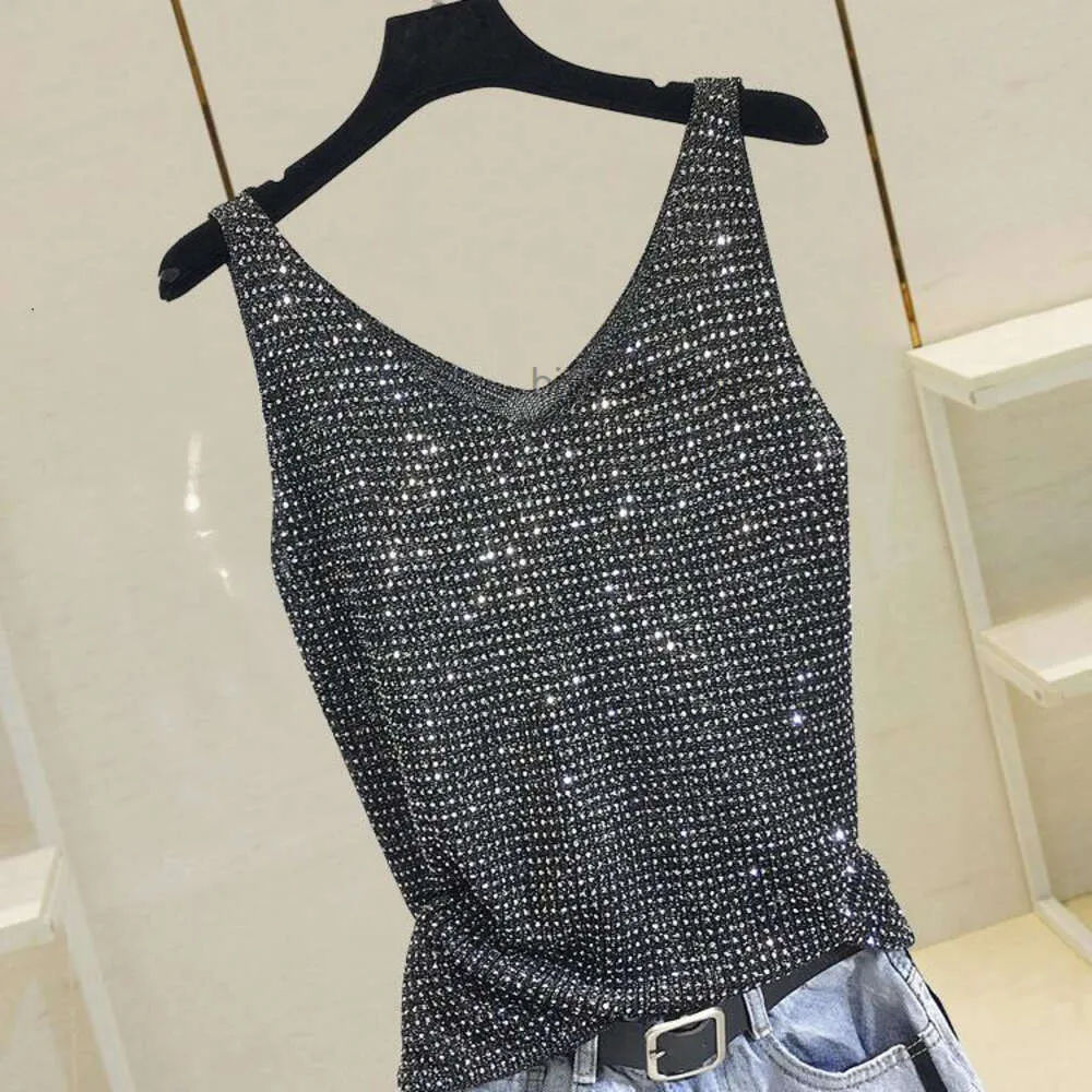 Canotte da donna Canottiere con top in maglia con strass Camicia senza maniche in seta brillante Canotte da donna 2022