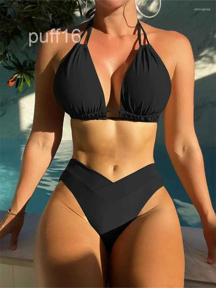 Maillot de bain pour femmes, grande taille, Bikini, noir, Sexy, col licou, Push-Up, ensemble 2 pièces, vêtements de plage, été, 2024, 58V8