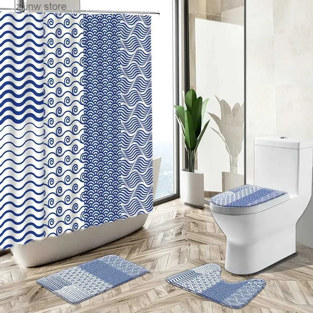 Zasłony prysznicowe pasiastki zasłony prysznicowe nowoczesny abstrakcyjny wzór niebieski różowy design łazienka bez poślizgu dywan toaleta pokrywka podłogowa Zestawy do mycia Y240316