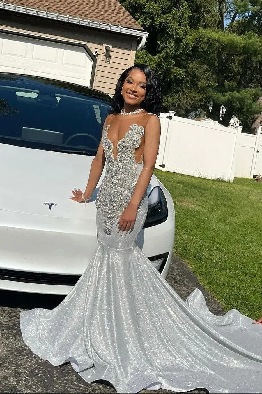 strapless open back dress Alluring Silver Embellished Fitted Gown GLGL3698 main image 0