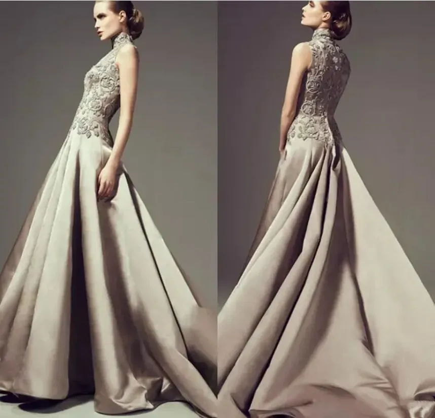 Evening Dresses Beaded Lace Appliqued Long Prom Gowns Floor Length High Neck Saudi Arab Formal Party Dress