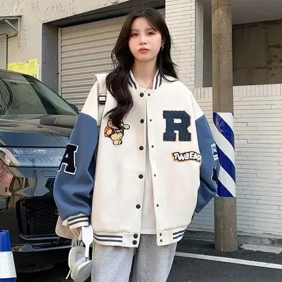 Street Women Vintage Baseball Jersey Harajuku High Loose Relaxed Fashion Student Y2K geborduurde jasjas Cardigan 240309