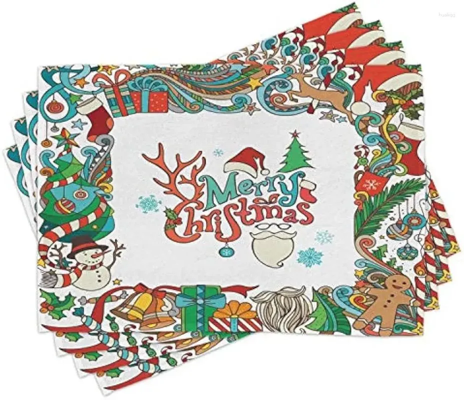 Table Mats Christmas Place Set Of 4 Colorful Frame Seasonal Elements Santa Snowman Gingerbread Cookie Placemats For Dining