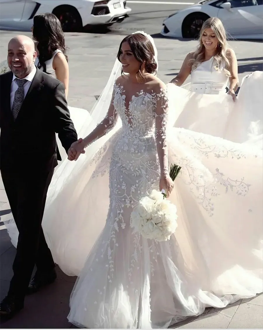 DHgate Sexy Luxury Mermaid Wedding Dresses with Jewel Neck Long Sleeves Illusion Lace Appliques Tulle Detachable Train Overskirts Formal Bridal Gowns Plus Size Wedding Party Events