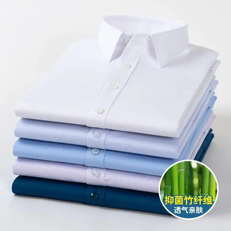 Bamboo Fibre Solid Color Mens Shirt Długie rękaw Slim Fit Spring i jesień żelazo modne koszule S-5xl 240306