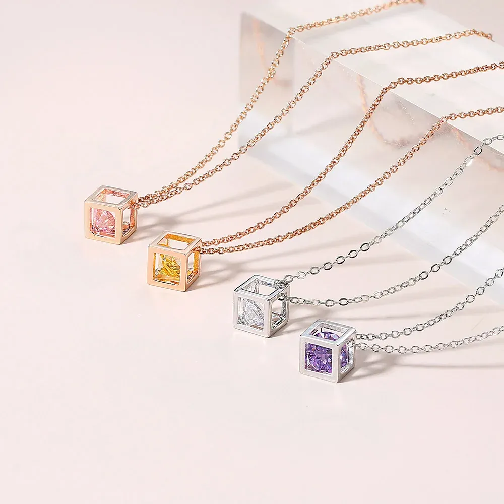 Collier à breloques pour femmes, Cube esthétique, Zircon Rose, couleur or Rose, chaîne ras du cou, bijoux coréens, pendentifs en or 14K