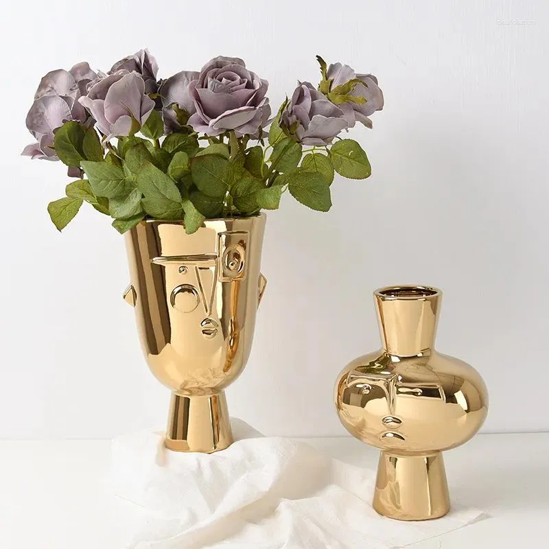 Vaser Gilded Ceramic Vase Abstrakt ansiktsdekoration Hydroponic Container vardagsrum bokhylla Mänskligt huvudblomma hemprydnad