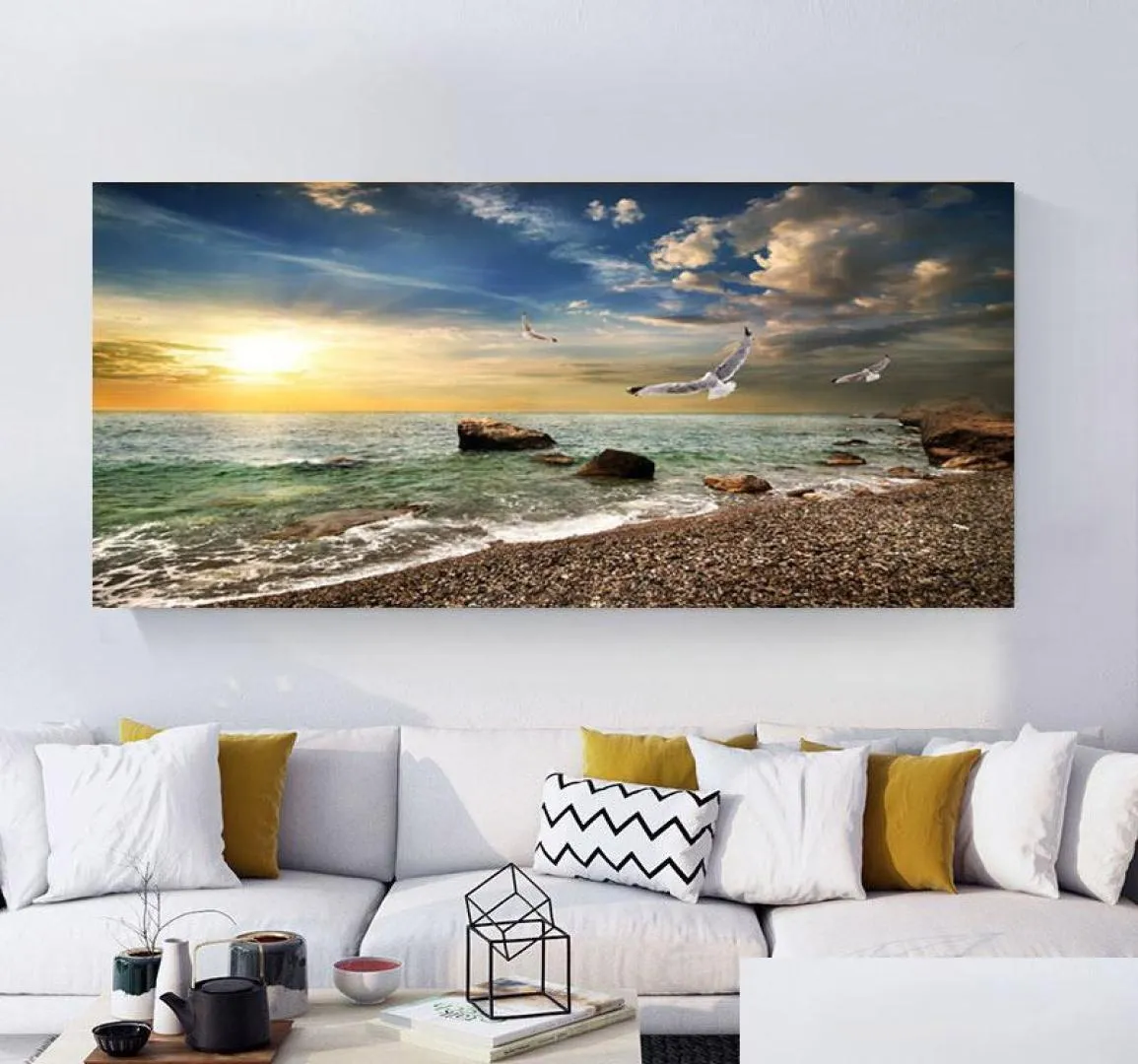 Paintings Natural Landscape Poster Sky Sea Sunrise Painting Printed On Canvas Home Decor Wall Art Pictures For Living Room Drop De2056260