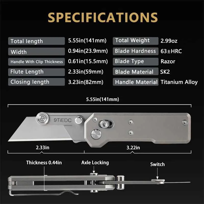 Couteaux de chasse 9TiEDC titane poignée en aluminium Camping couteau pliant extérieur pour outil de papier peint industriel pour tirer l'isolation du câble 240315