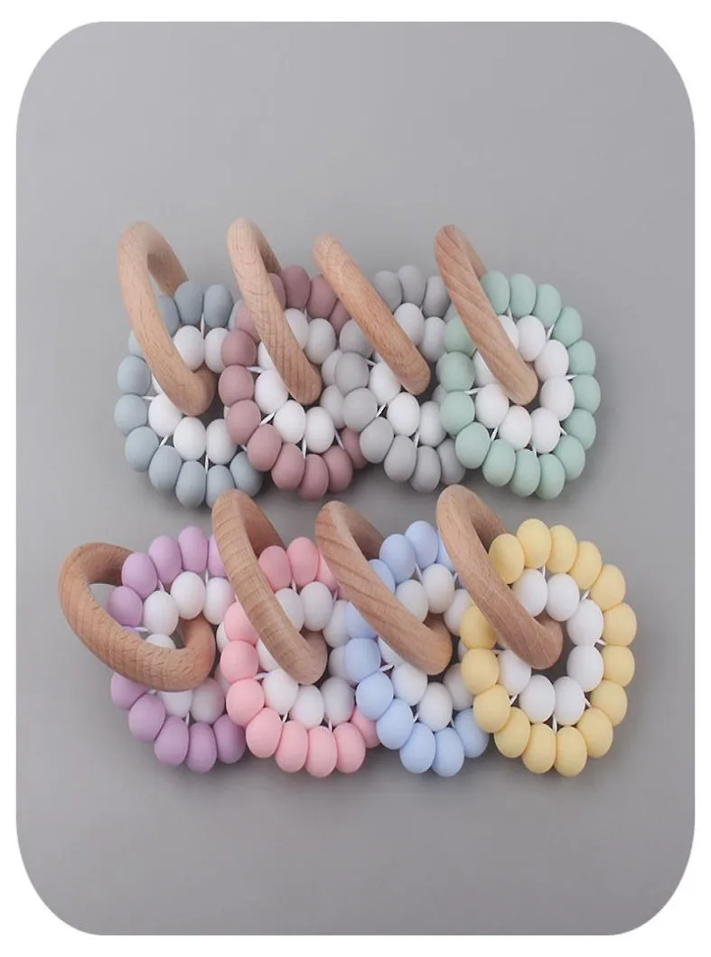 Natural Wooden Ring Teethers for Baby Health Care Accessories Infant Fingers Exercise Toys Colorful Silicone Beaded Soothers Z41397737045