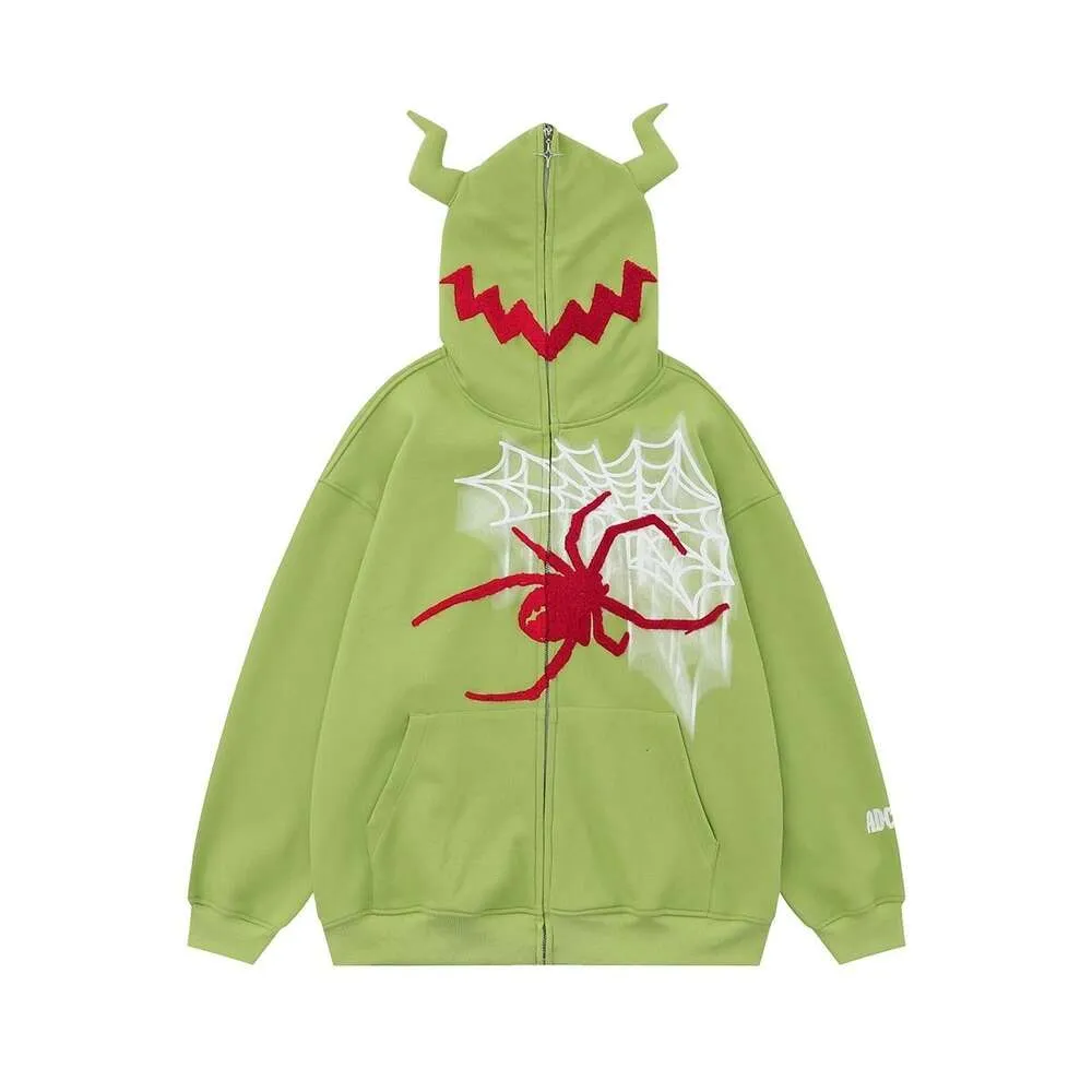 American Hiphop Spider Devil Horn Cardigan Hoodie for Men Women in Autumn and Winter with Plush Ins, Niche Design Hooded Jacket