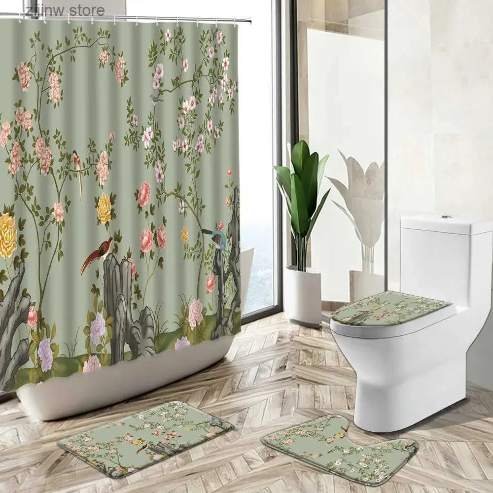 Rideaux de douche Moderne chinois Floral oiseau rideau de douche arbres Branches feuilles papillon Style pastoral tapis de piédestal couverture de toilette ensemble de salle de bain Y240316