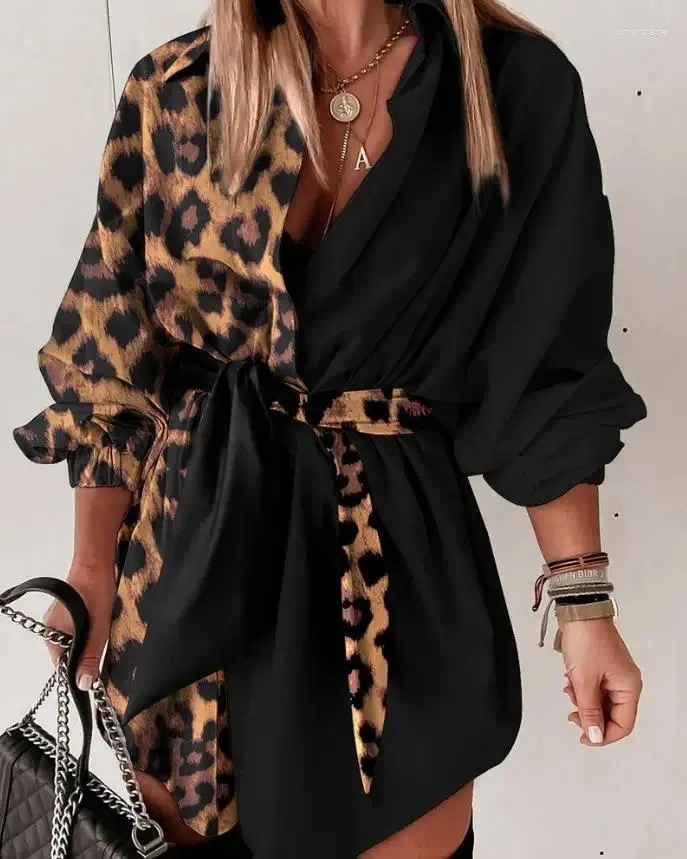 Casual Dresses Womens 2024 Spring Fashion Leopard Print Lantern Sleeve Turn-Down Collar Long Daily Mini Shirt Dress
