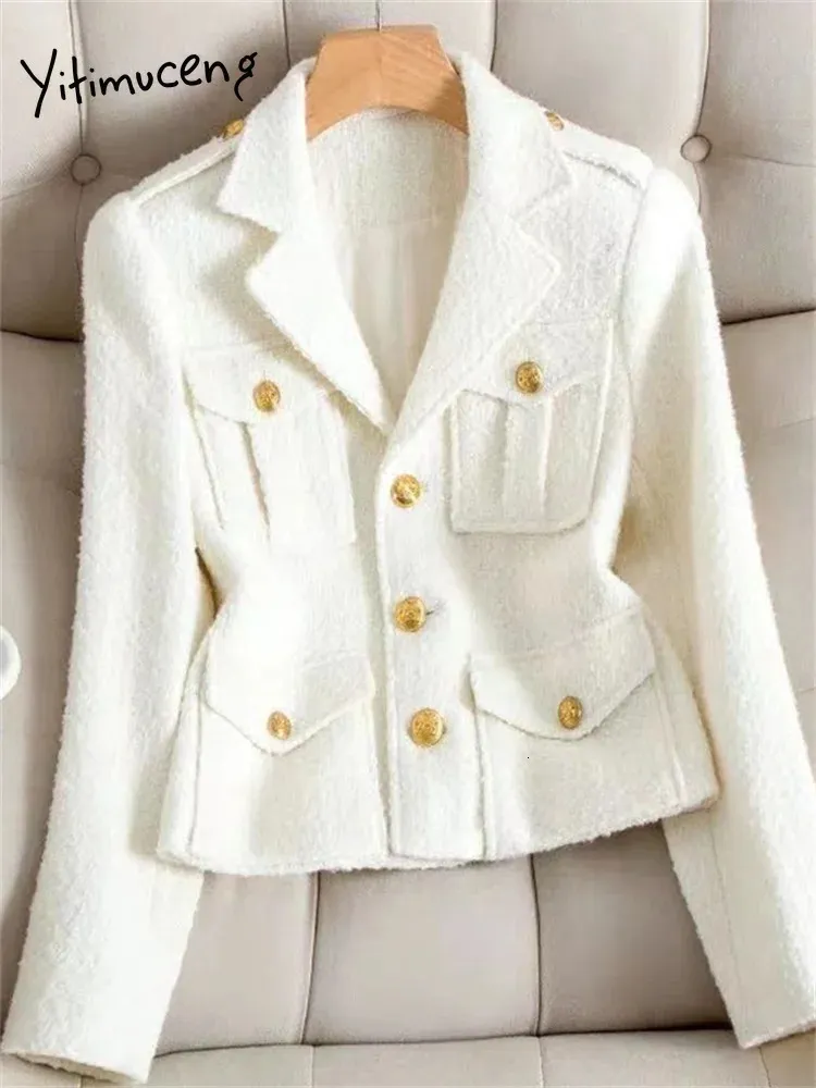 Yitimuceng düğmesi kadınlar için ceketler sonbahar kış ofisi bayanlar yakalı katlar vintage uzun kollu tüvit ceket 240307