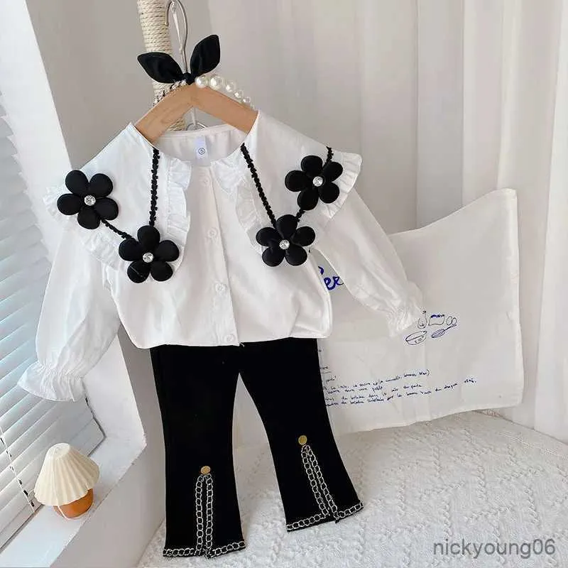 Giyim Setleri 2022 Sonbahar Kızlar Yeni Çocuk Giyim Setleri Uzun Kollu Sevimli Büyük Çiçek Gömlek + Alevli Pantolon 2 PCS Bahar Kızlar Moda Kids