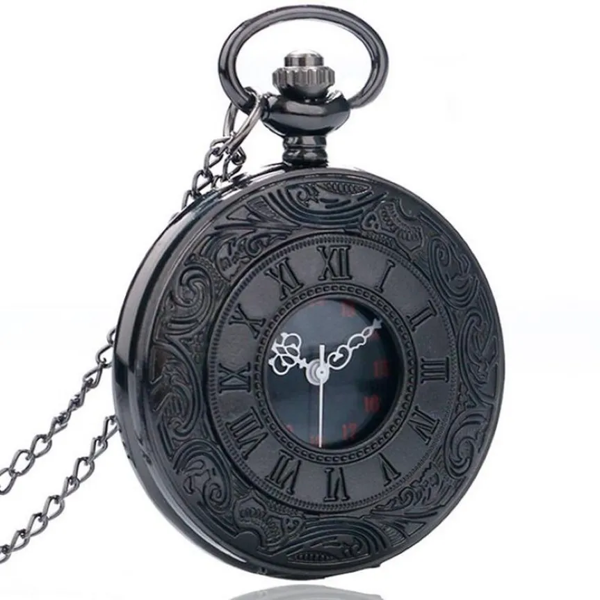 Vintage Charm Black Unisex Fashion Roman Number Quartz Steampunk Pocket Watch Women Man Necklace Pendant with Chain Gifts279h