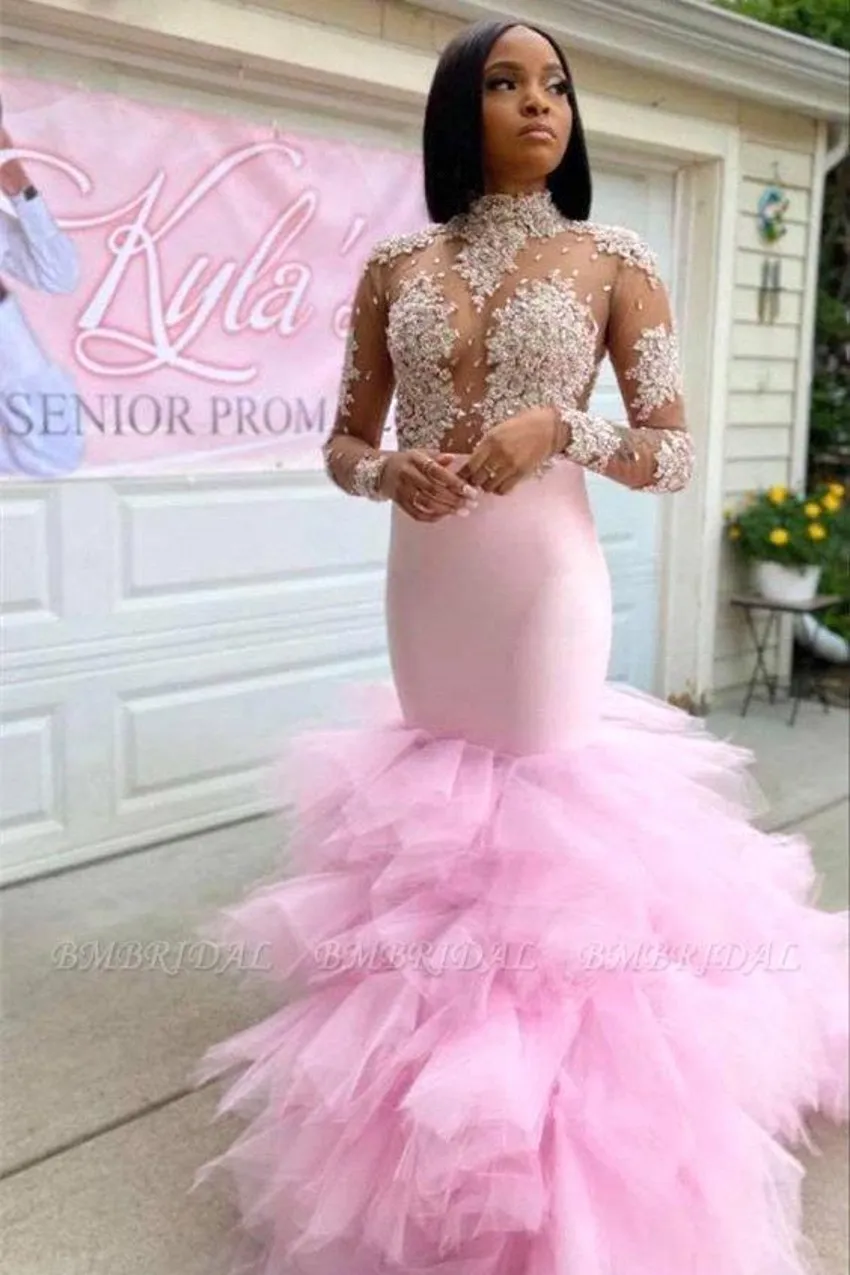 Prom Gorgeous Pink Dresses Tier Ruffles Sexy Mermaid Sheer Long Sleeve High Neck With Beads Appliques Black Girls Graduation Evening Gowns BC