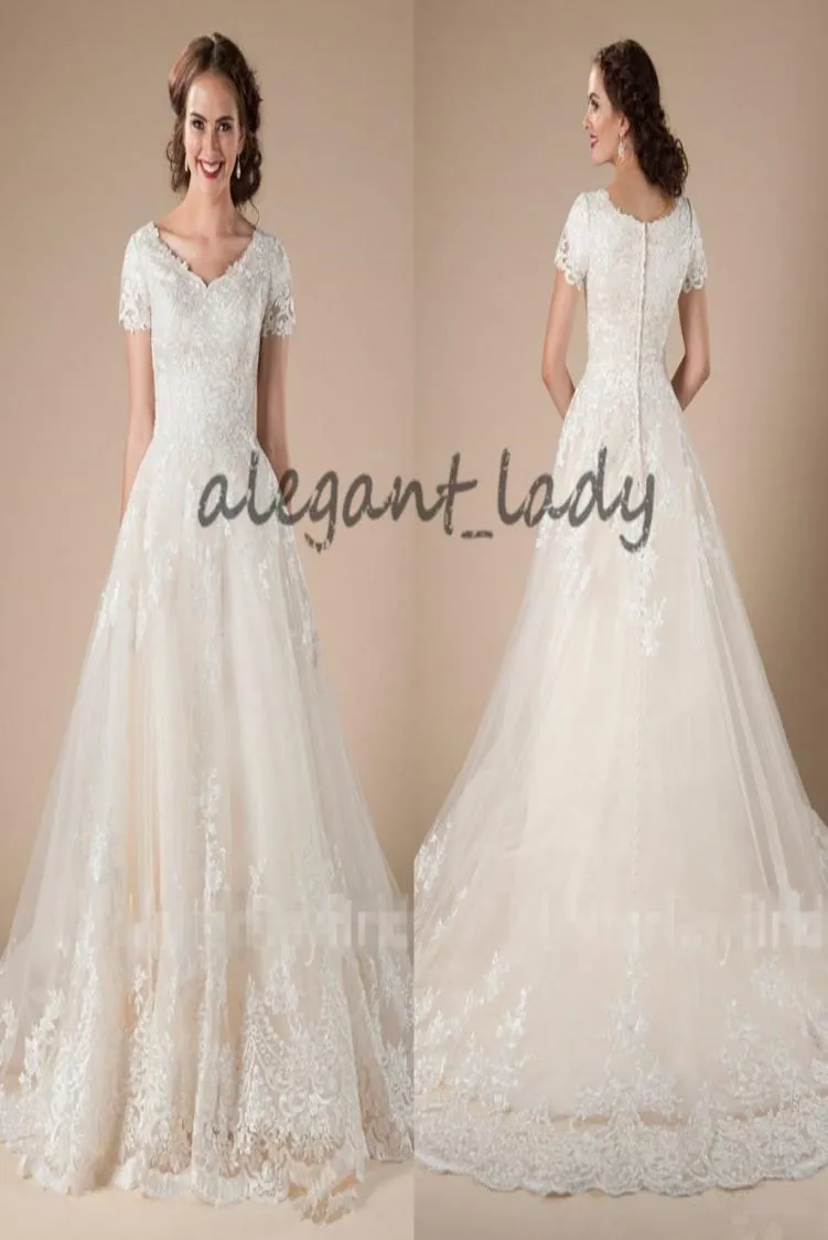 ALINE LACE TULLE VINTAGE Modest Wedding Dresses With Short Hidees Applices Formal Country Western Wedding Dresses Temple Bridal8328693