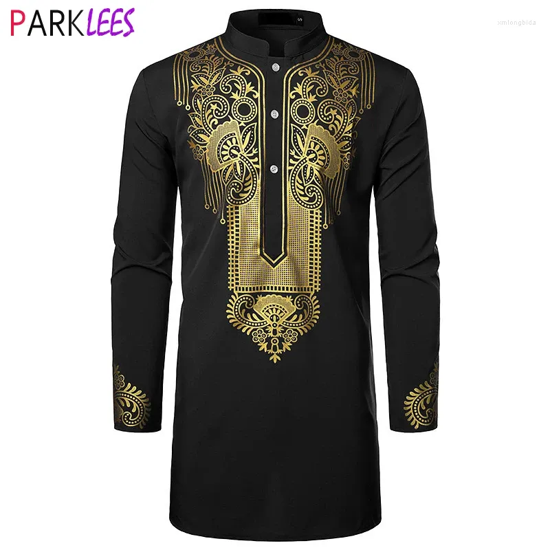 Men's Casual Shirts Luxury Metallic Gold Print African Man Clothing Agbada Kaftan Attire Wedding Shirt Mens Nehru Collar Traditional Dashiki