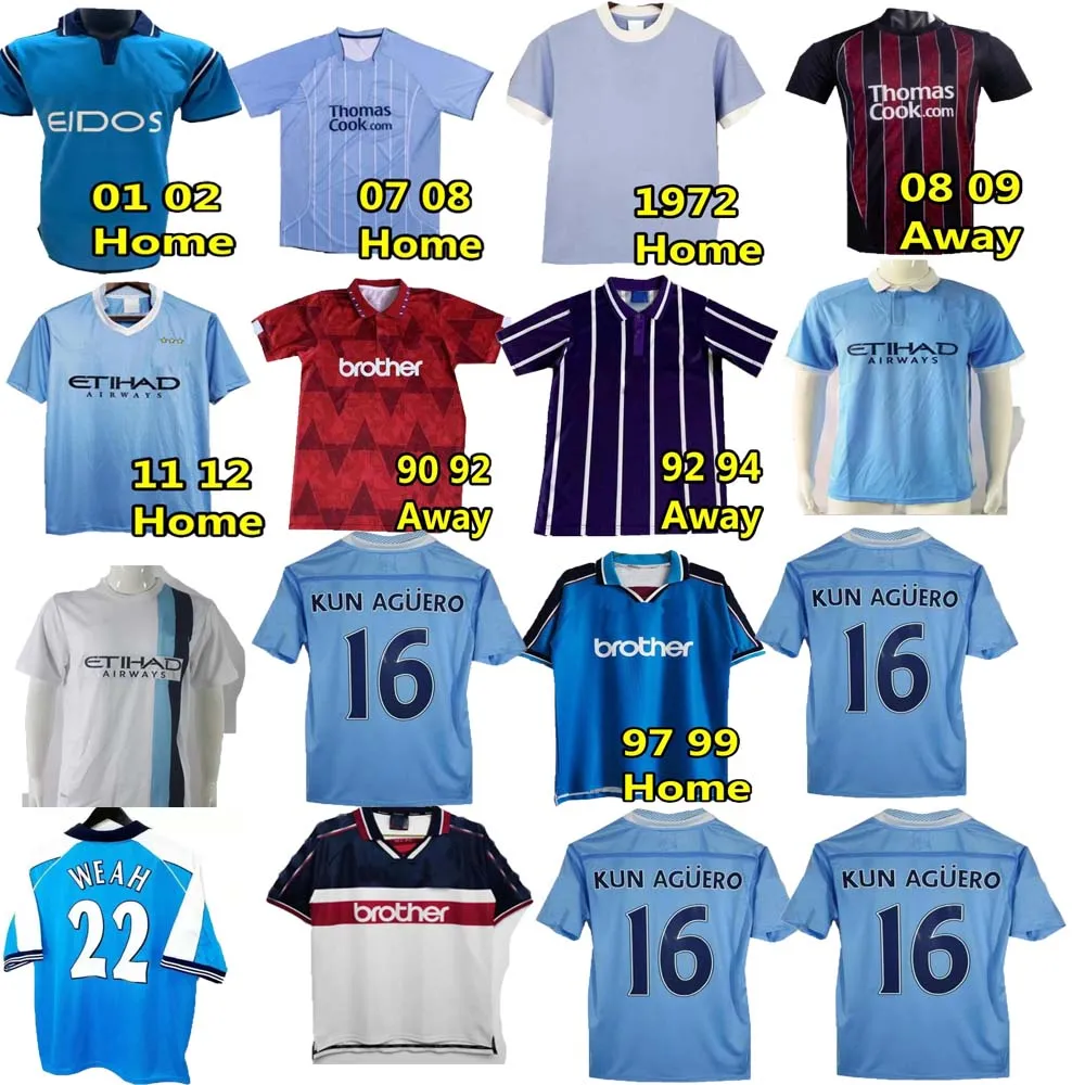 MANS CITIES Retro Klassieke Voetbalshirts 1972 73 1994 96 97 98 99 2000 01 02 03 07 08 09 2011 12 14 15 16 KUN AGUERO ANELKA Wembley ROBINHO TOURE YAYA Mpenza Kompany Shirts