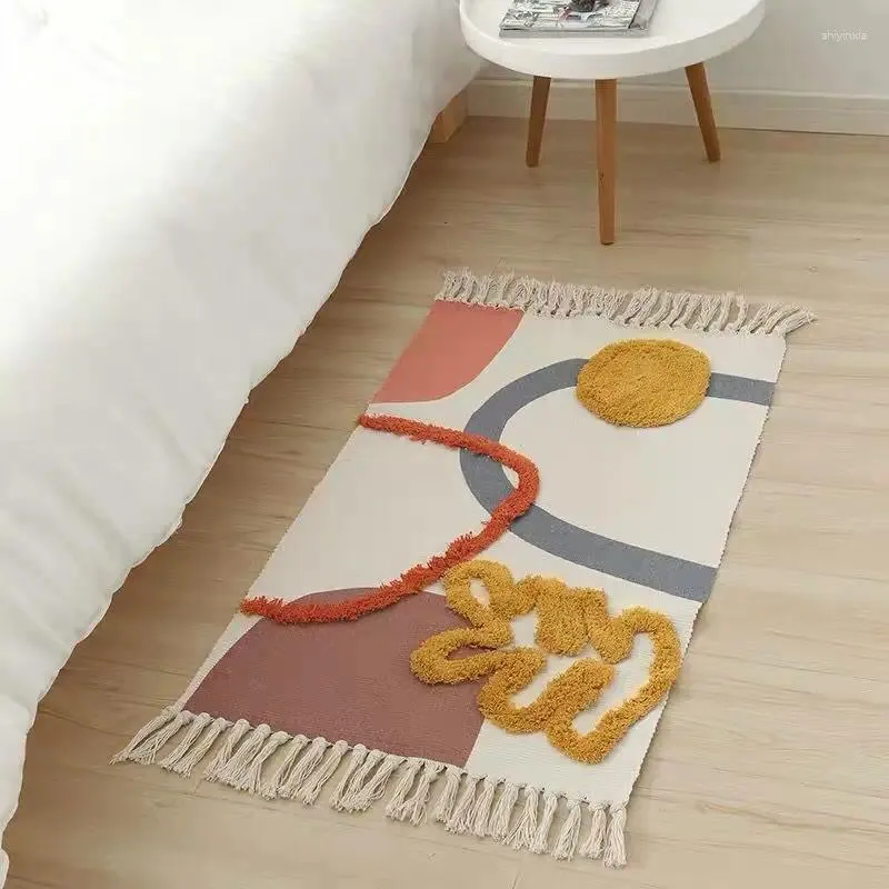 Tappeti Tappeto per zona preghiera in cotone e lino con nappe Camera da letto Soggiorno Divano Pavimento Tappeto Lavanderia Decor Zerbino esterno Lavabile