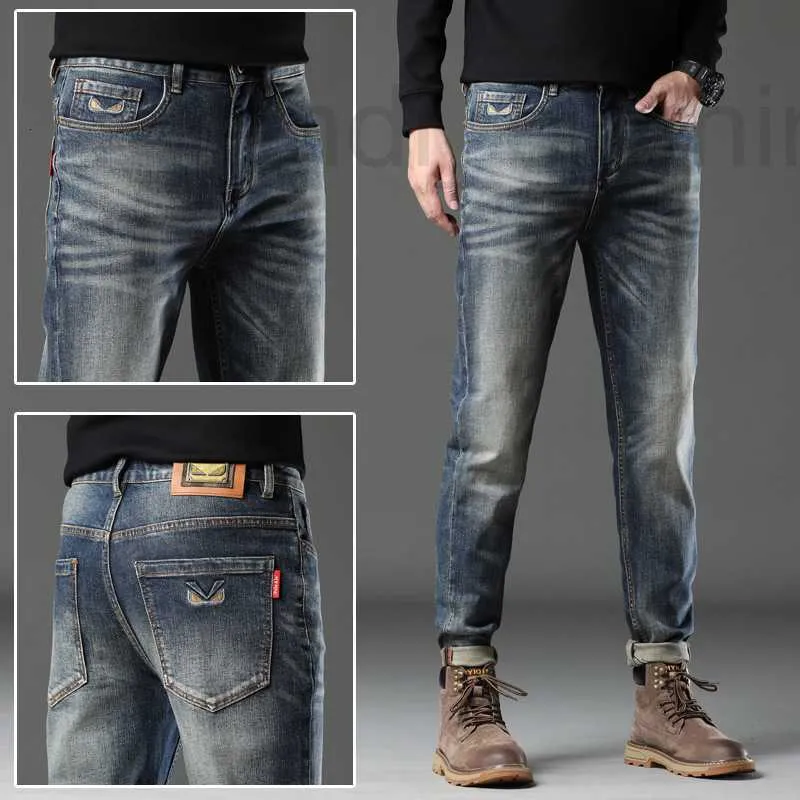 Mäns jeans designer märke high end nostalgic blå nano tvättad höst och vinter ny för män med elastisk smal passform rak rör trendig zd5h