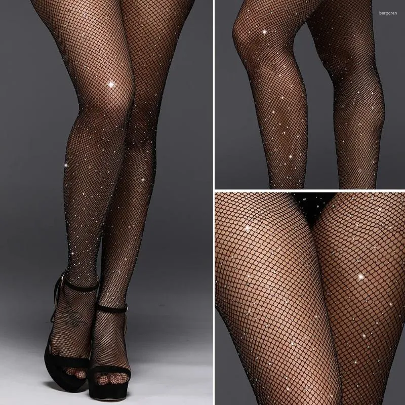 Kvinnliga strumpor sexiga fisknätstrumpor Diamond Mesh Tights Ladies Shiny Rhinestone Nylon Pantyhose Hollow Over Knee