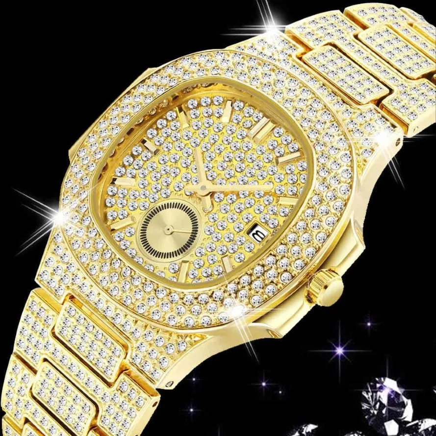 Montres en or 18 carats pour hommes de luxe plein de diamants montre pour hommes montres à Quartz de mode AAA CZ Hip Hop glacé horloge masculine reloj216C