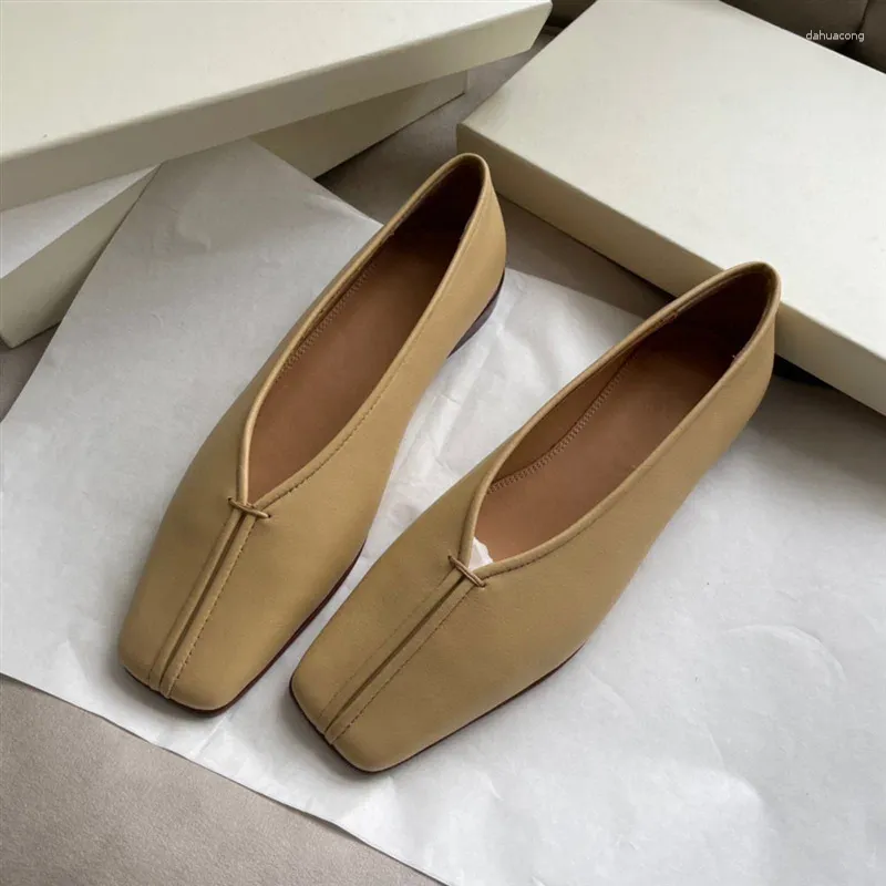 Sapatos casuais de couro genuíno feminino apartamentos cor sólida conciso dedo do pé quadrado plano com para femme deslizamento respirável ballet elegante