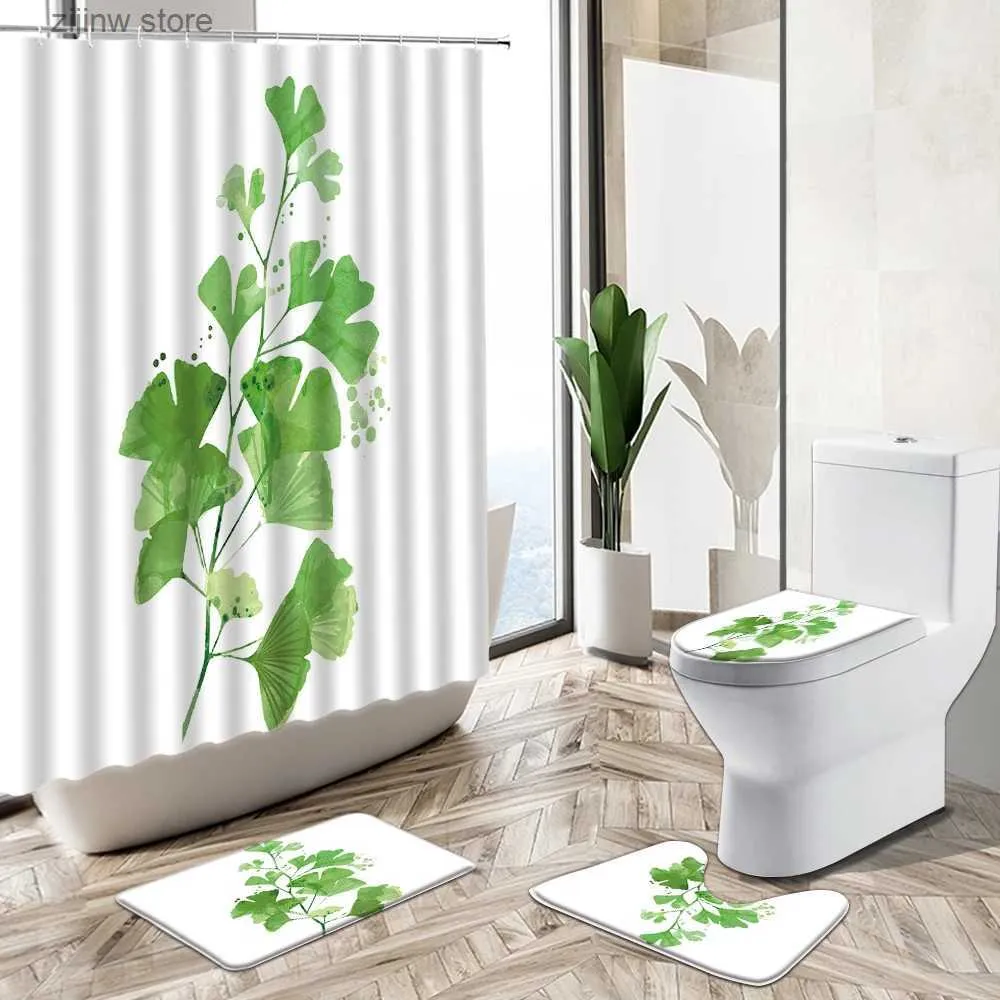 Duschgardiner grön växtblad krukut dusch gardin vit bakgrund nordisk stil badrumsdekor icke-halk matta toalett lock täcker badmatta set y240316