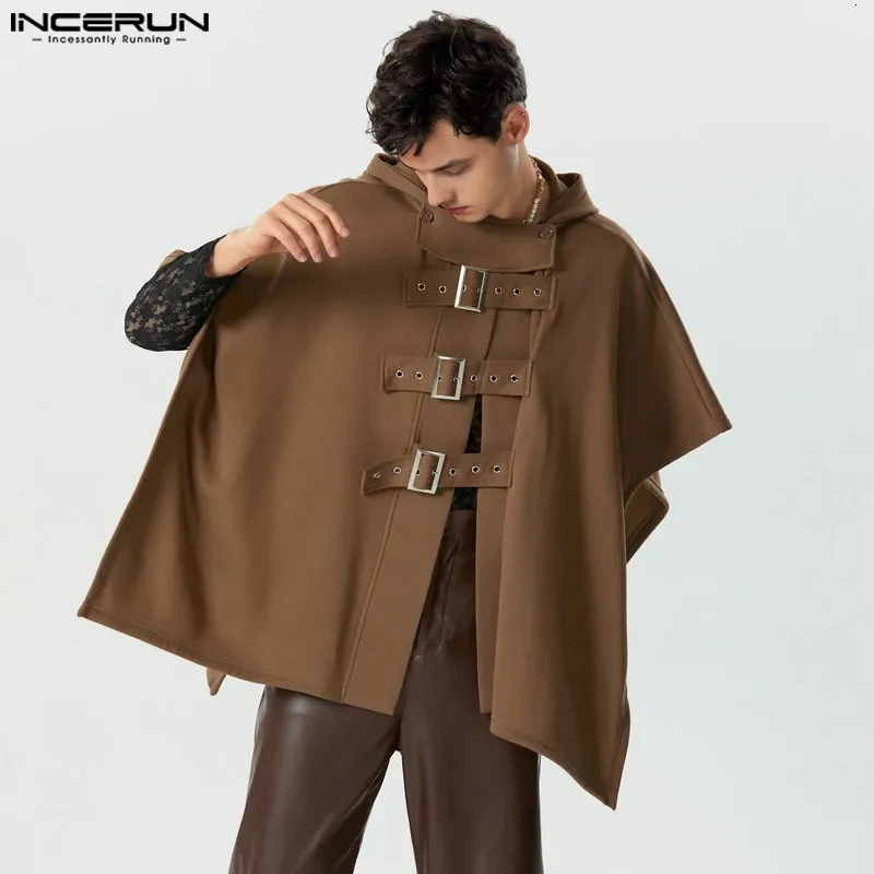 Hommes manteau manteaux couleur unie à capuche bouton irrégulier Trench Ponchos Streetwear mode ample décontracté mâle Cape S-5XL INCERUN 240306