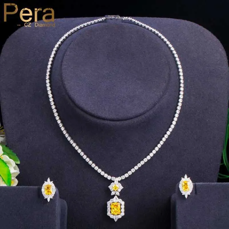 Wedding Jewelry Sets Pera Brillant Yellow Square CZ Crystal Wedding Pendant Necklace and Earrings Bridal Jewelry Set Q240316