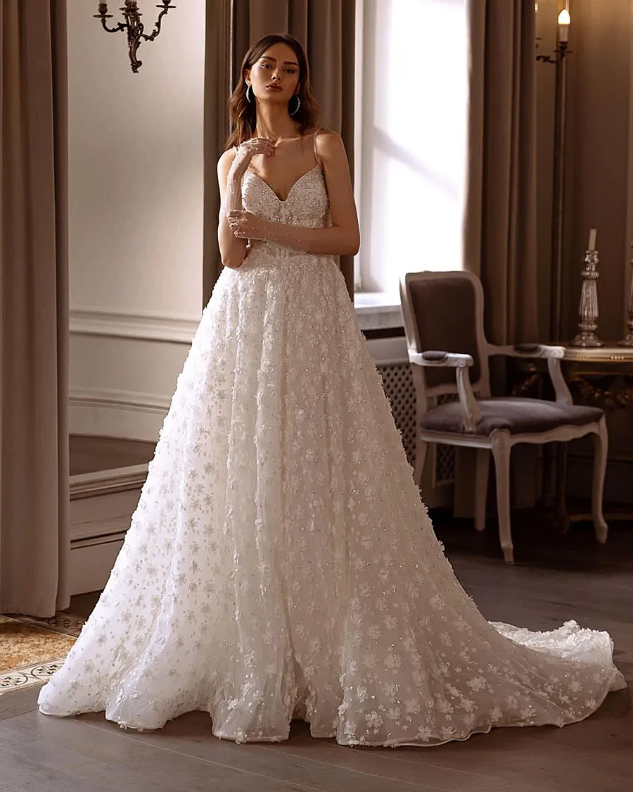 Sweetheart Backless Lace line a wedding dress with Beading and Spaghetti Straps - 2024 Collection