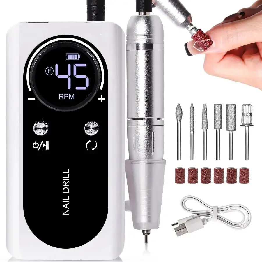 Professionnel 45000 tr/min électrique Portable perceuse à ongles Machine Rechargeable à faible bruit ponceuse à ongles fichier pour outil de Salon de manucure 240314