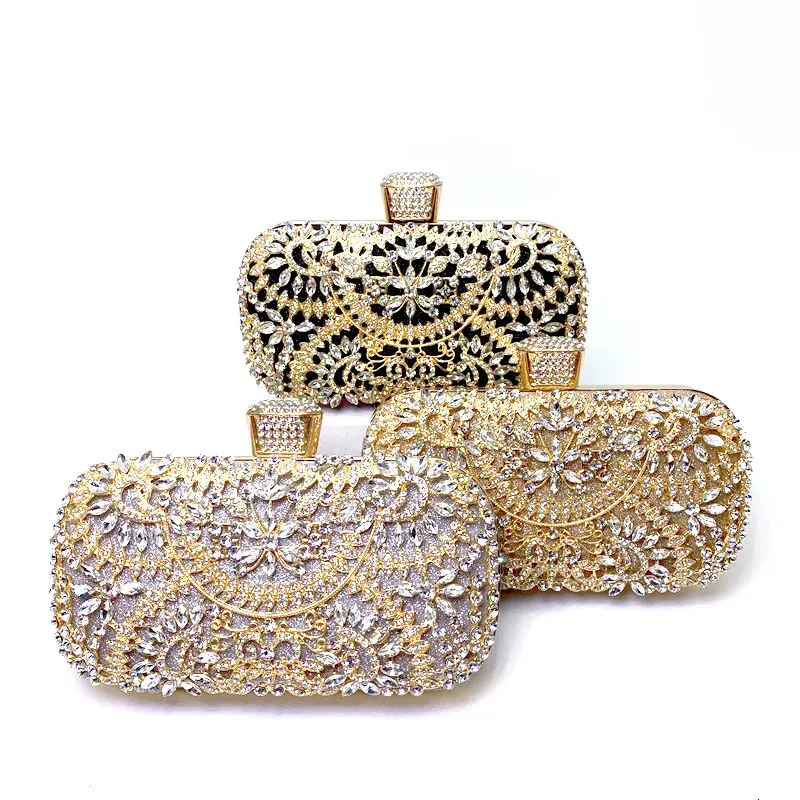 2023 Diamond Evening Clutch Bag For Women Wedding Golden Purse Chain Shoulder Liten Party Handväska med metallhandtag 240301