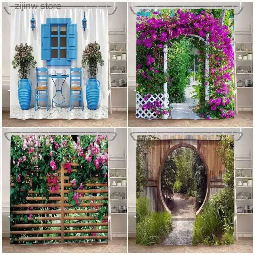 Rideaux de douche Clôture Fleurs Rideaux de douche Fenêtre bleue Nature Plantes florales Paysage Moderne Jardin Tenture murale Maison Salle de bain Décor avec crochets Y240316