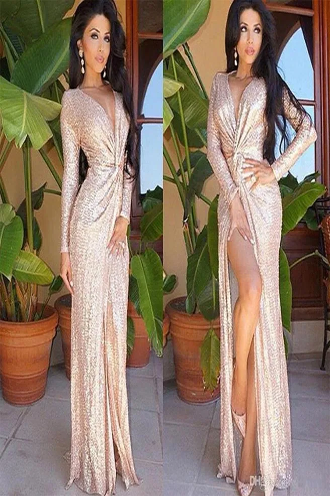 Famous 2020 New Long Sleeves Party Prom Gowns Celebrity Red Carpet Dress Sexy Plunging V Neck Sheath Split Evening Dresses Sequine9321598