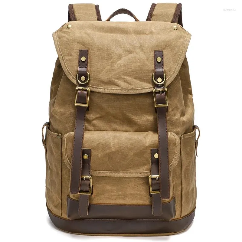 Mochila masculina vintage mochila impermeável couro de lona encerado 15.6 Polegada saco de computador portátil grande pacote de viagem ao ar livre sacos