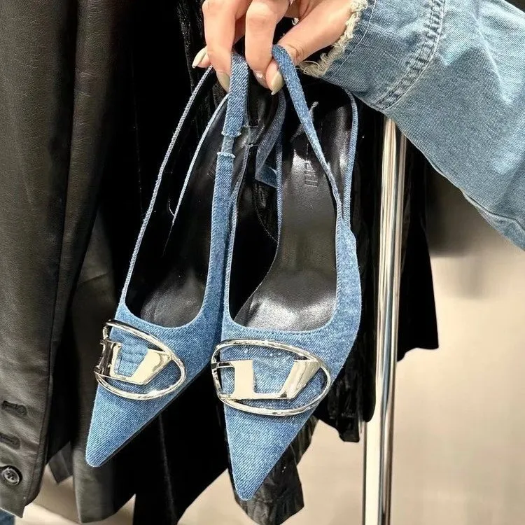 Denim High Heels Summer High Grade High-Heeled Shoes Hollow Pointed Thin Heels Fashion Show Sandal Slipper For Women Storlek 35-41