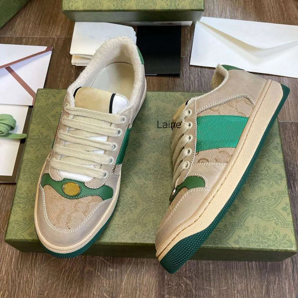 Screener sapatos casuais designer tênis sujo bege manteiga couro Itália marca angustiado verde vermelho listra lona sapato treinador bi-color clássico