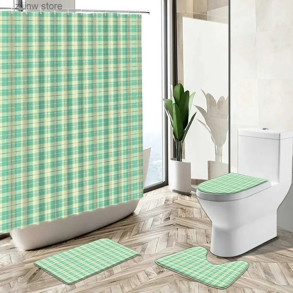 Rideaux de douche Grille moderne rayé rideau de douche ensemble bleu vert pastorale style simple décor à la maison tapis de bain couverture de toilette flanelle salle de bain tapis Y240316
