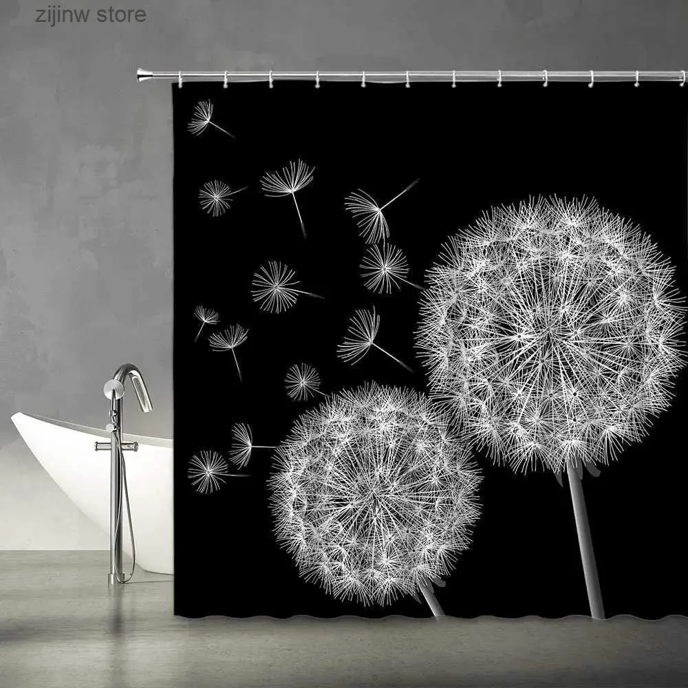 Rideaux de douche Pissenlit rideau de douche graines de fleurs noires et blanches soufflées mignon monochrome plante nature tissu salle de bain décor rideaux ensemble Y240316