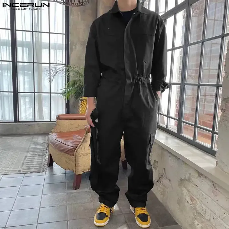 Pants INCERUN Men Jumpsuits Solid Lapel Long Sleeve Multi Pockets Streetwear Rompers 2023 Loose Lace Up Casual Cargo Overalls Men 5XL