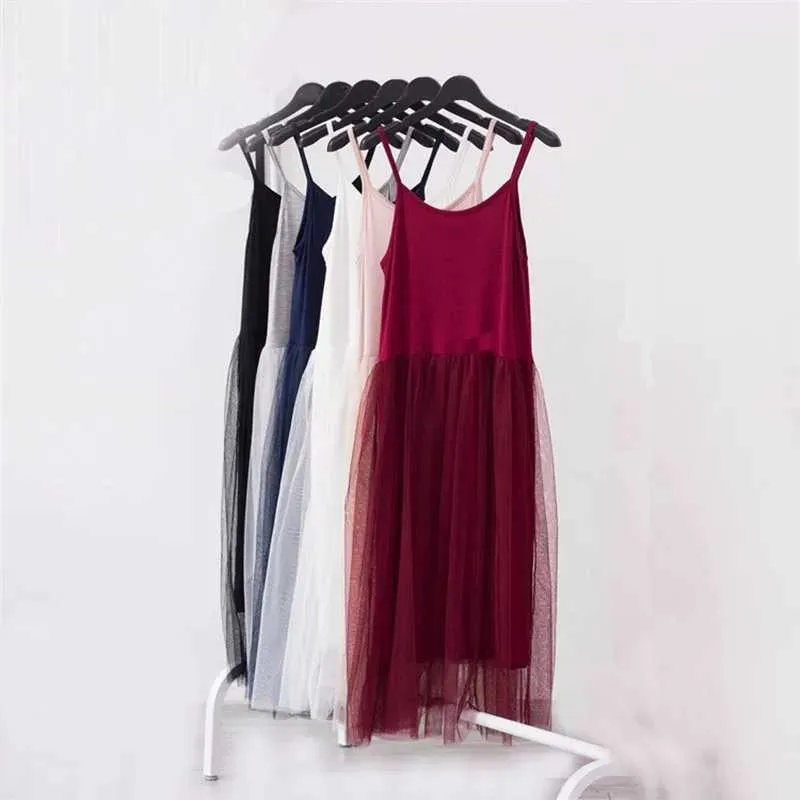 Basic Casual Dresses Modal spaghetti strap patchwork mesh gauze organze lace tank dress basic sundressC24315